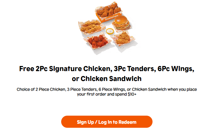 Popeyes first order deal in USA (Free 2 Pc Signature Chicken, 3Pc Tenders, 6Pc Wings